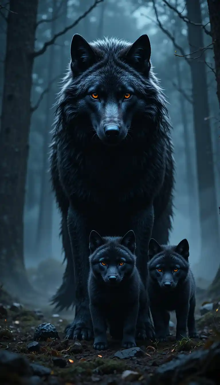 Majestic black wolf guarding pups in misty forest