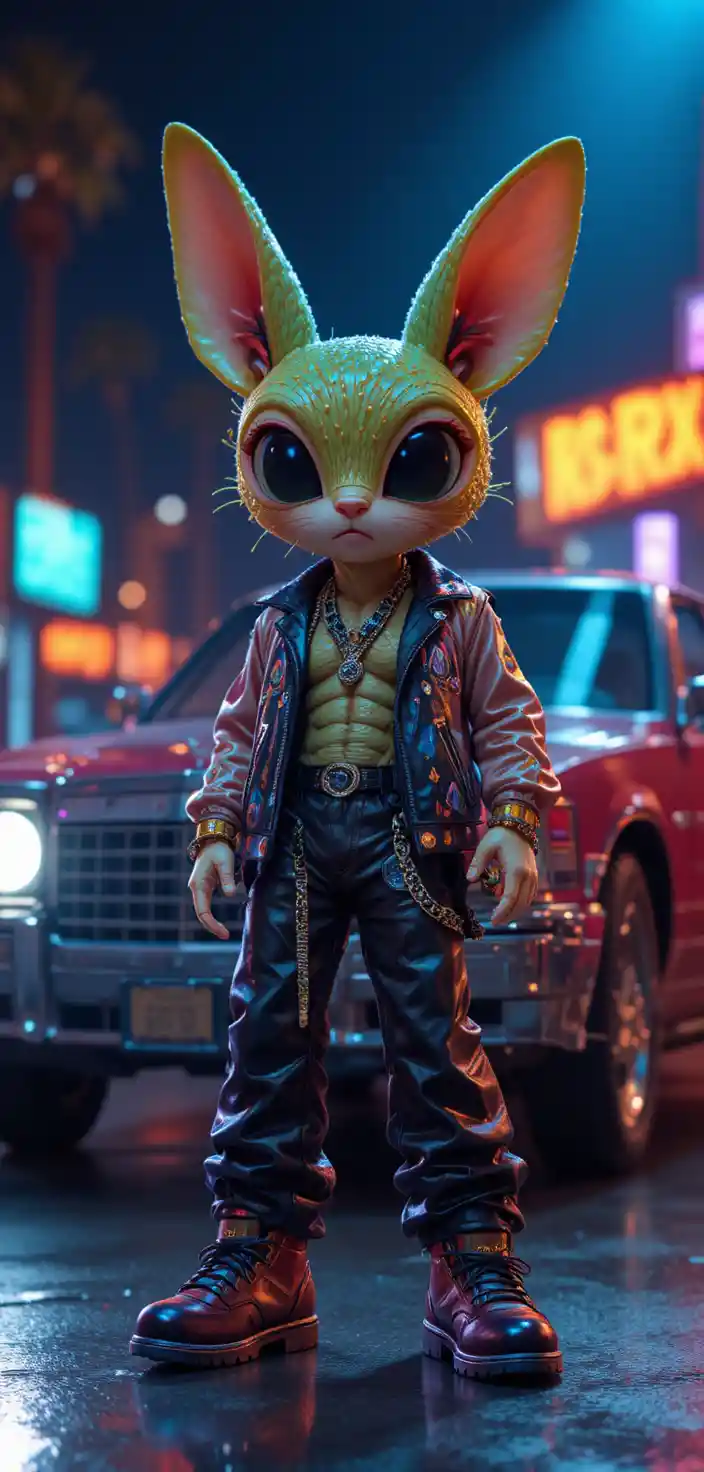 Coccinelle hip-hop en tenue de rap à côté d'une voiture brillante