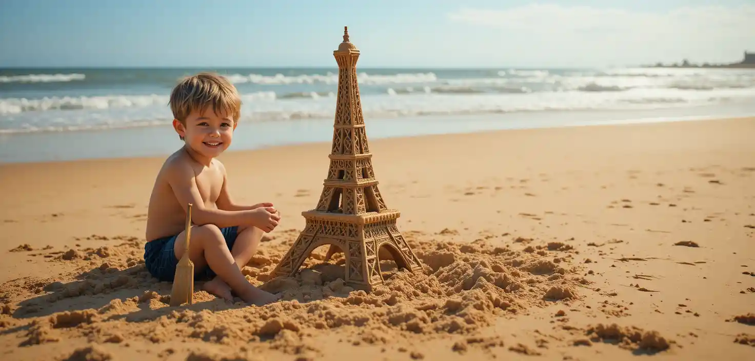 Young boy sculpting a sand Eiffel Tower on the beach
