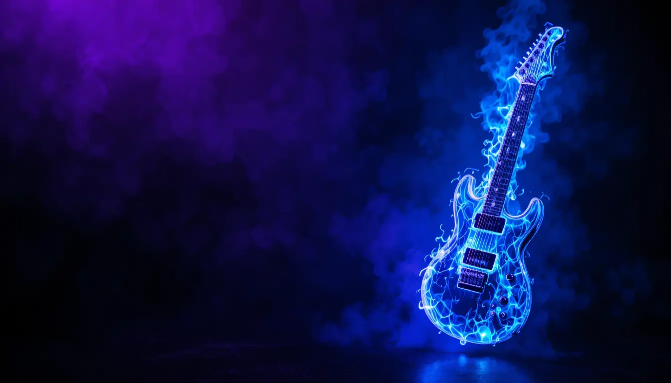 Electric guitar in blue flames on dark rock background