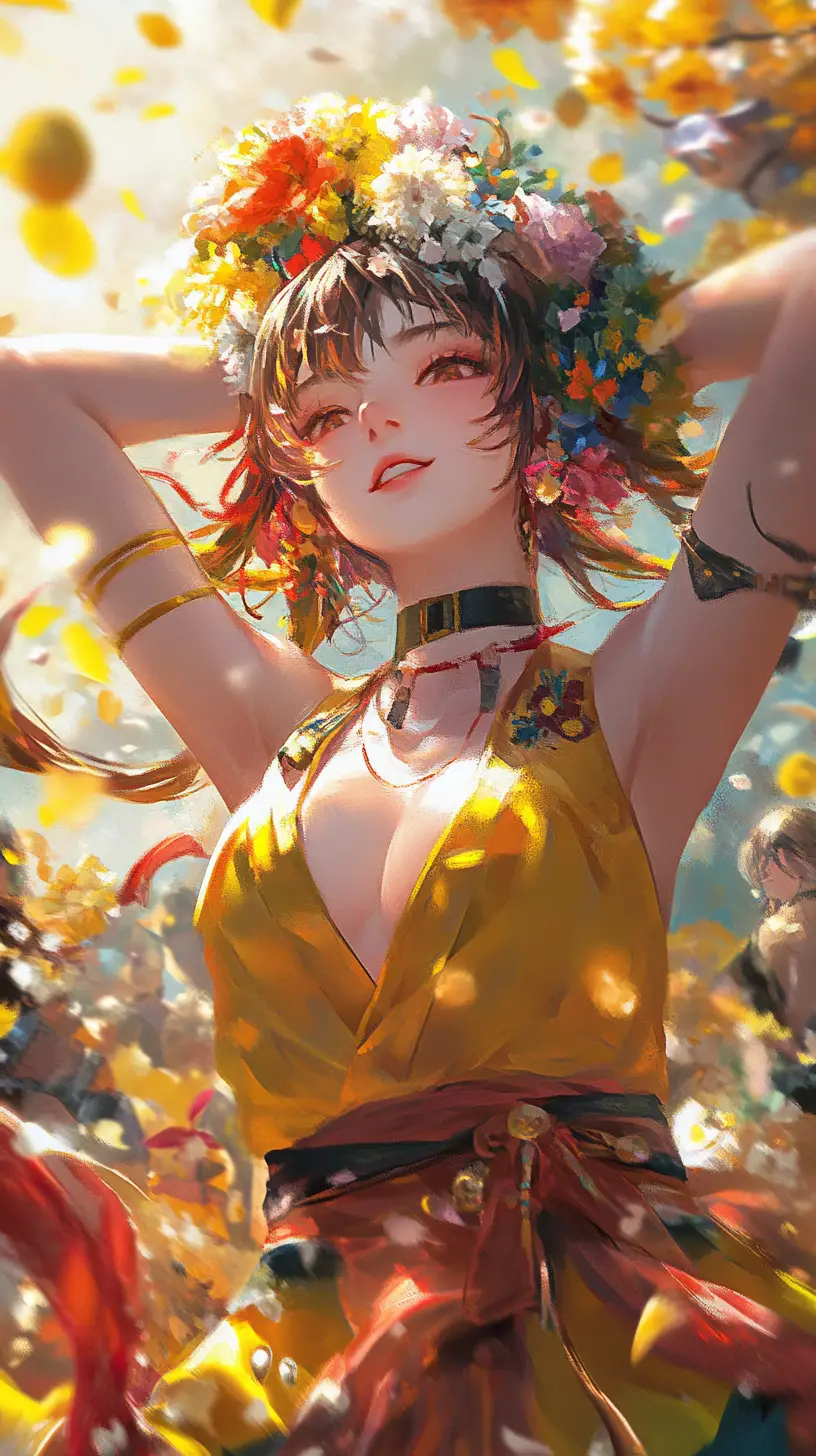 Anime girl balancing colorful flowers on her head