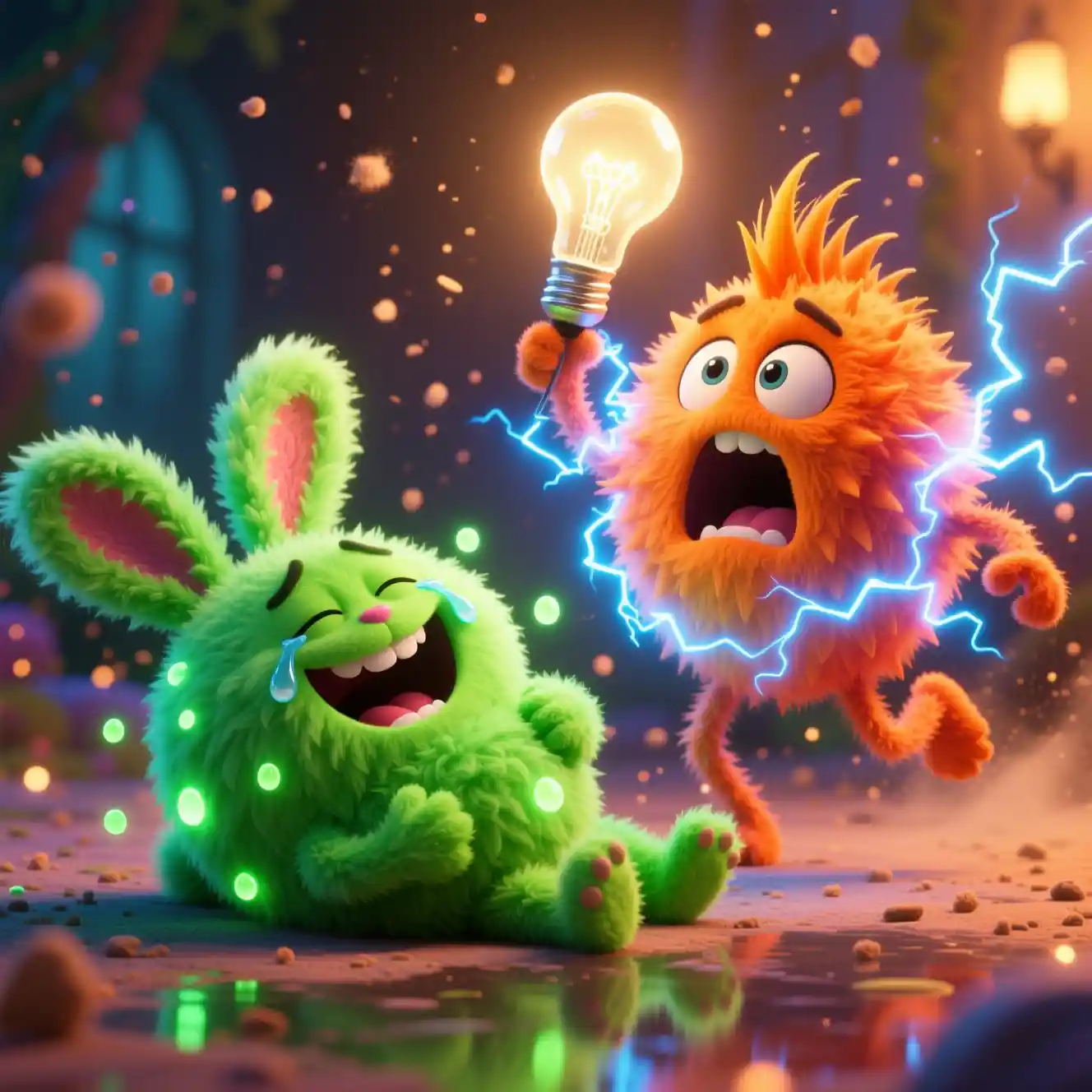 Laughing fuzzy orb creature in glowing fantasy interior