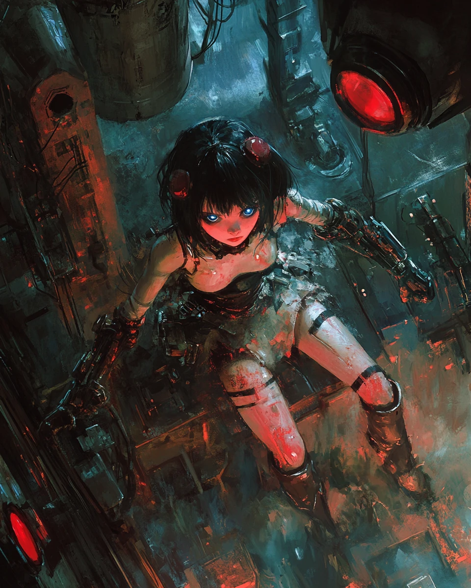 Ragazza robot in stile anime ferita distesa sul freddo pavimento del laboratorio