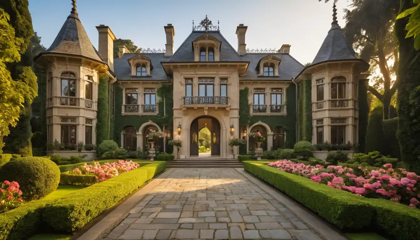 Grand mansion glowing with warm light in lush garden