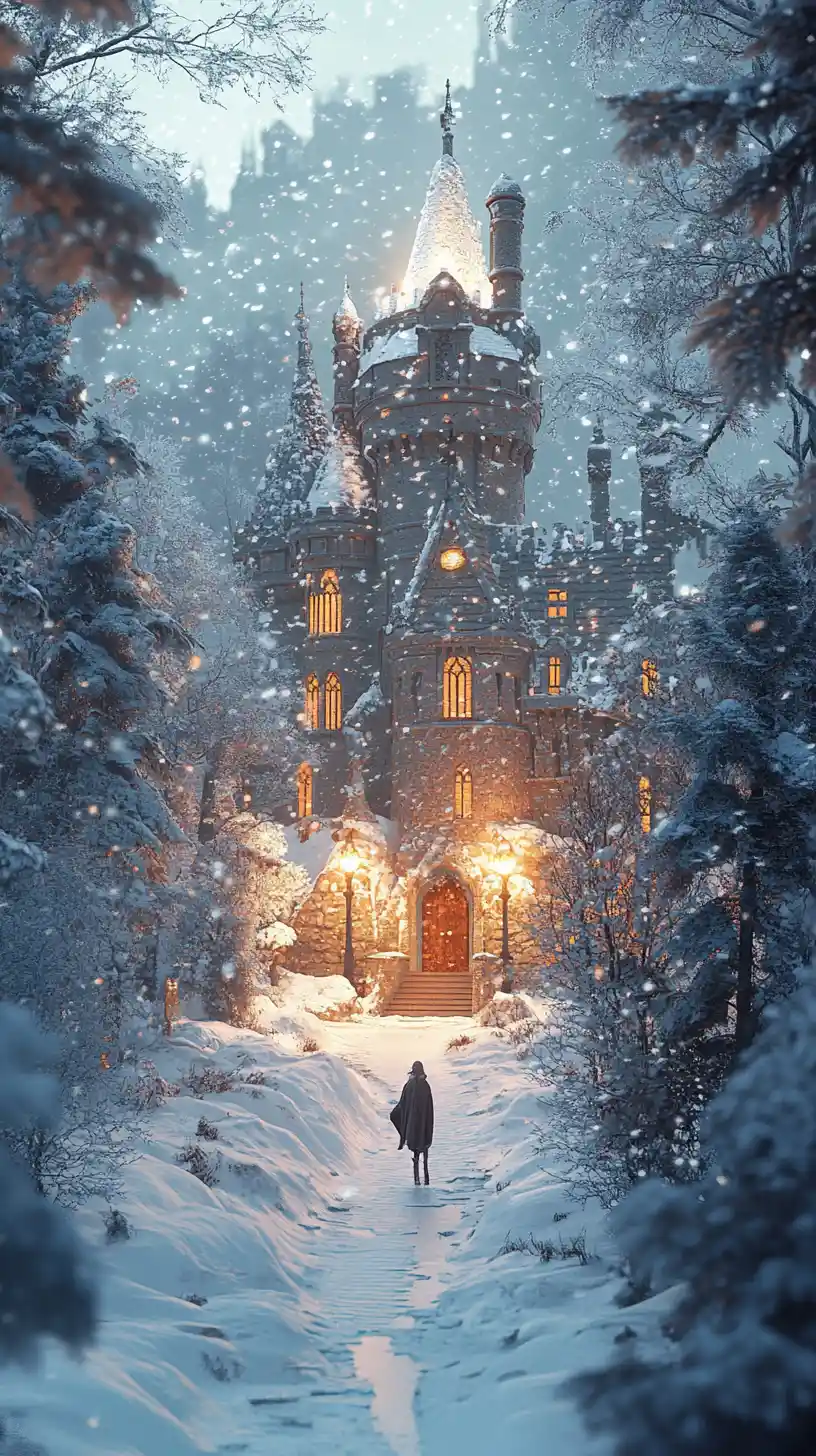 Castillo de fantasía cubierto de nieve brillando a la luz de la luna invernal