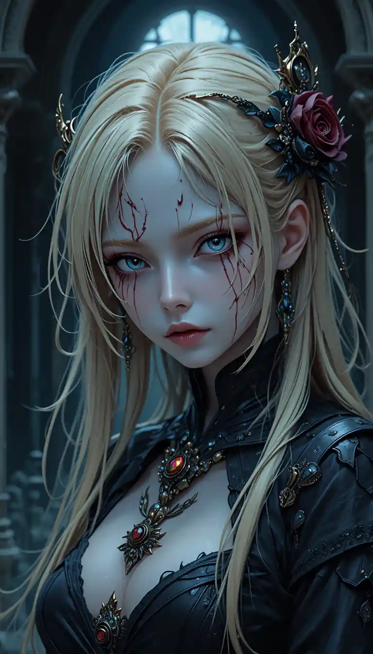 Gothic anime girl priest in a misty moonlit church