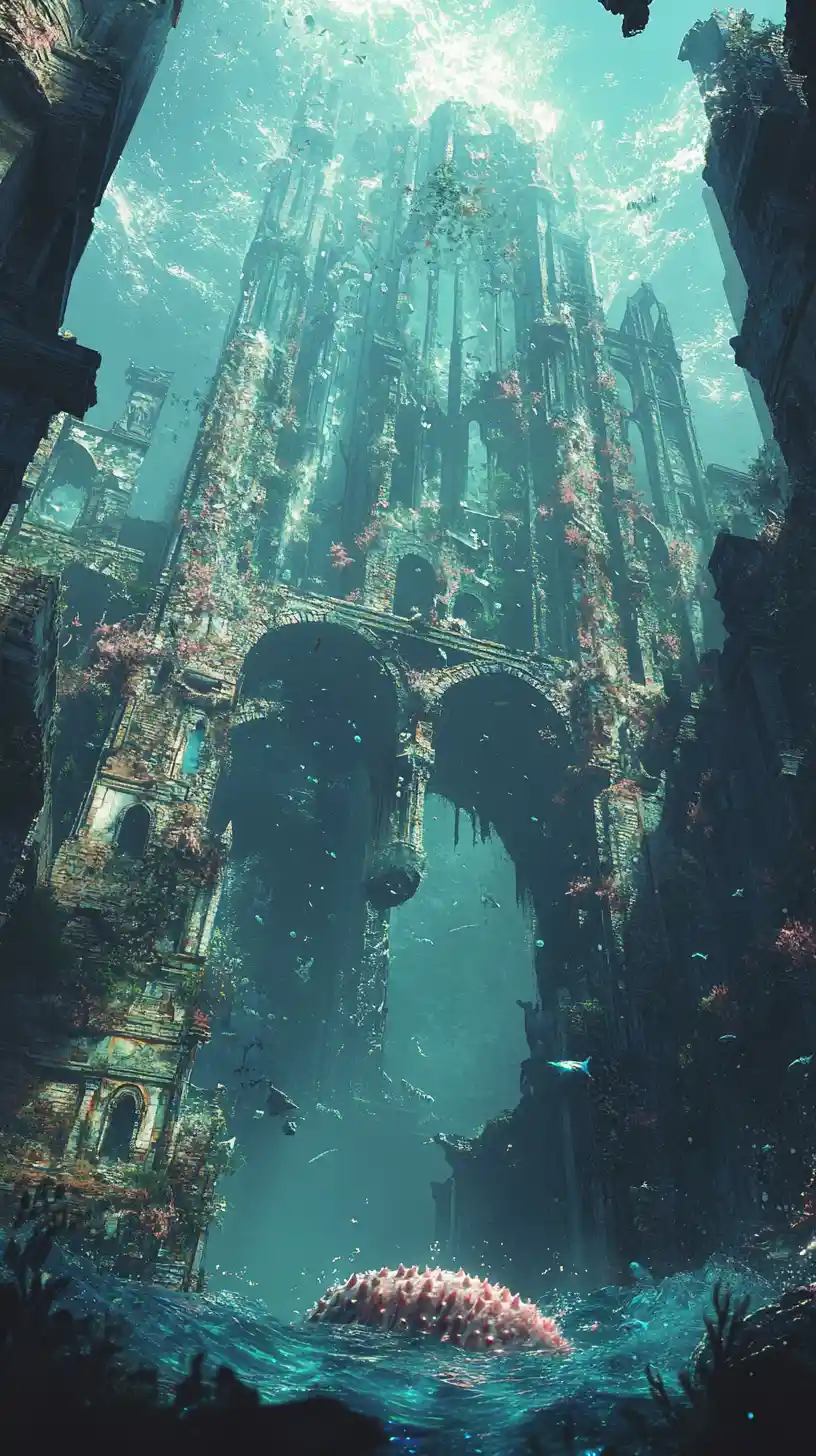 Serene Anime Sea Cucumber In Dreamlike Underwater Ruins