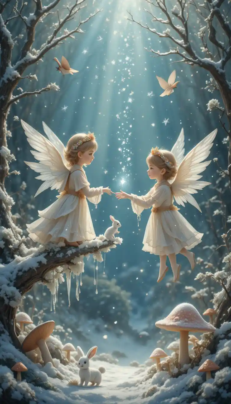 Angelic children with snowy rabbit in a winter wonderland