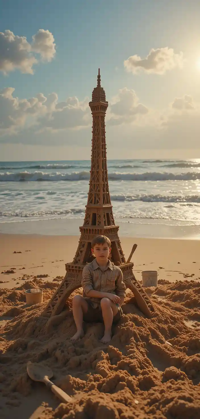 Young boy building a sand Eiffel Tower on the beach