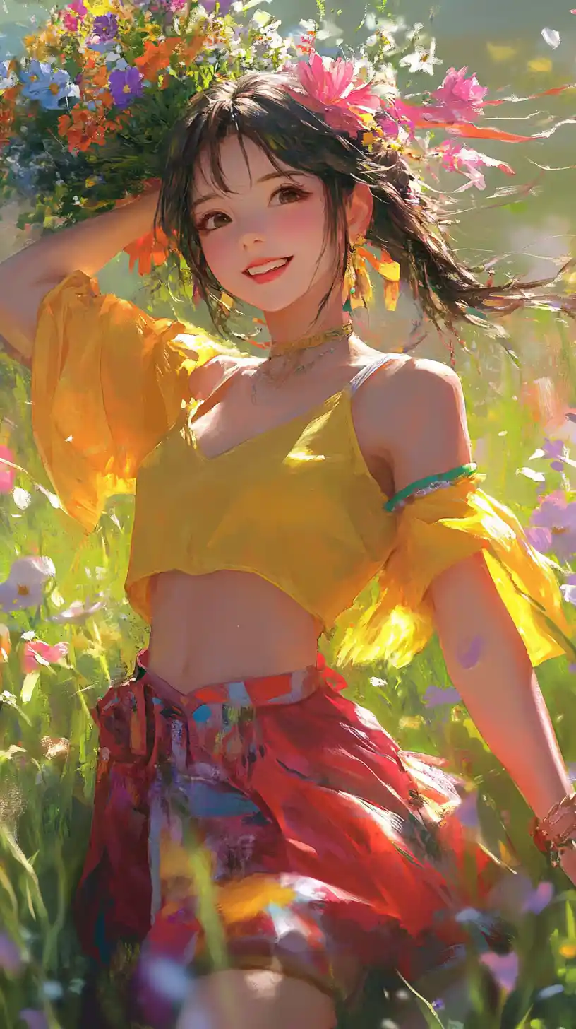 Anime girl balancing colorful flowers on her head