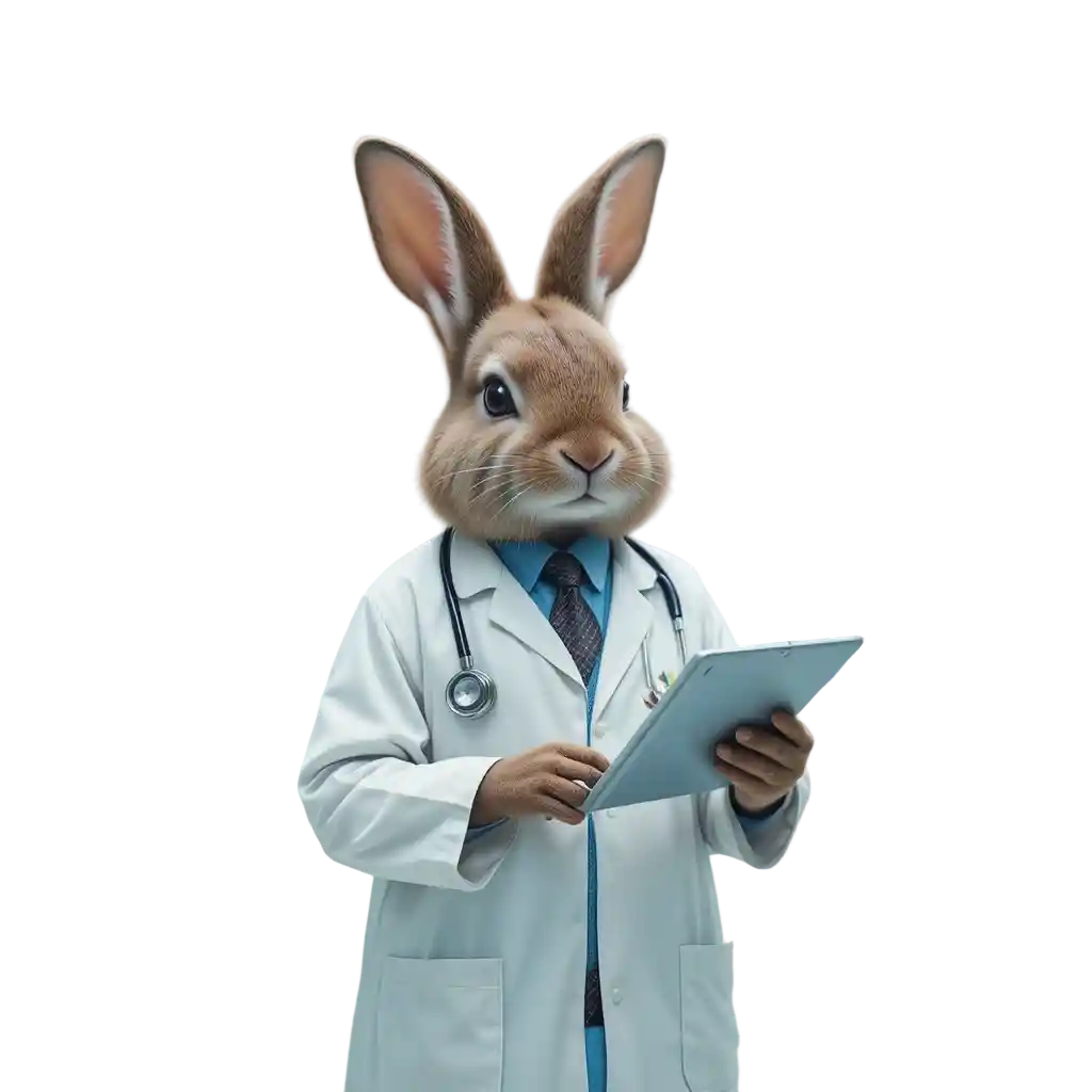 Rabbit doctor with tablet in a modern hospital room