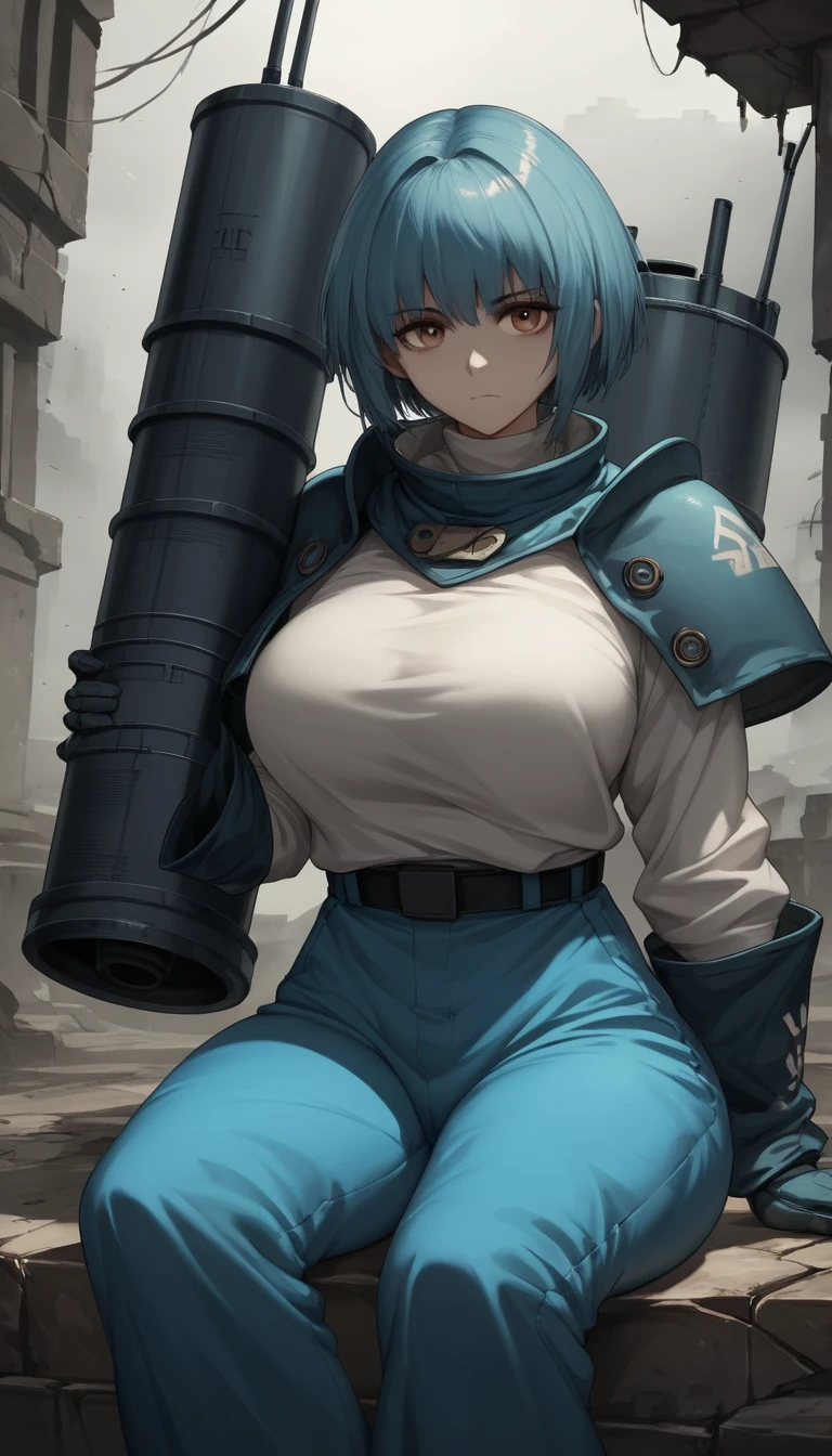 Warrior woman on massive cannon in ruined fantasy landscape