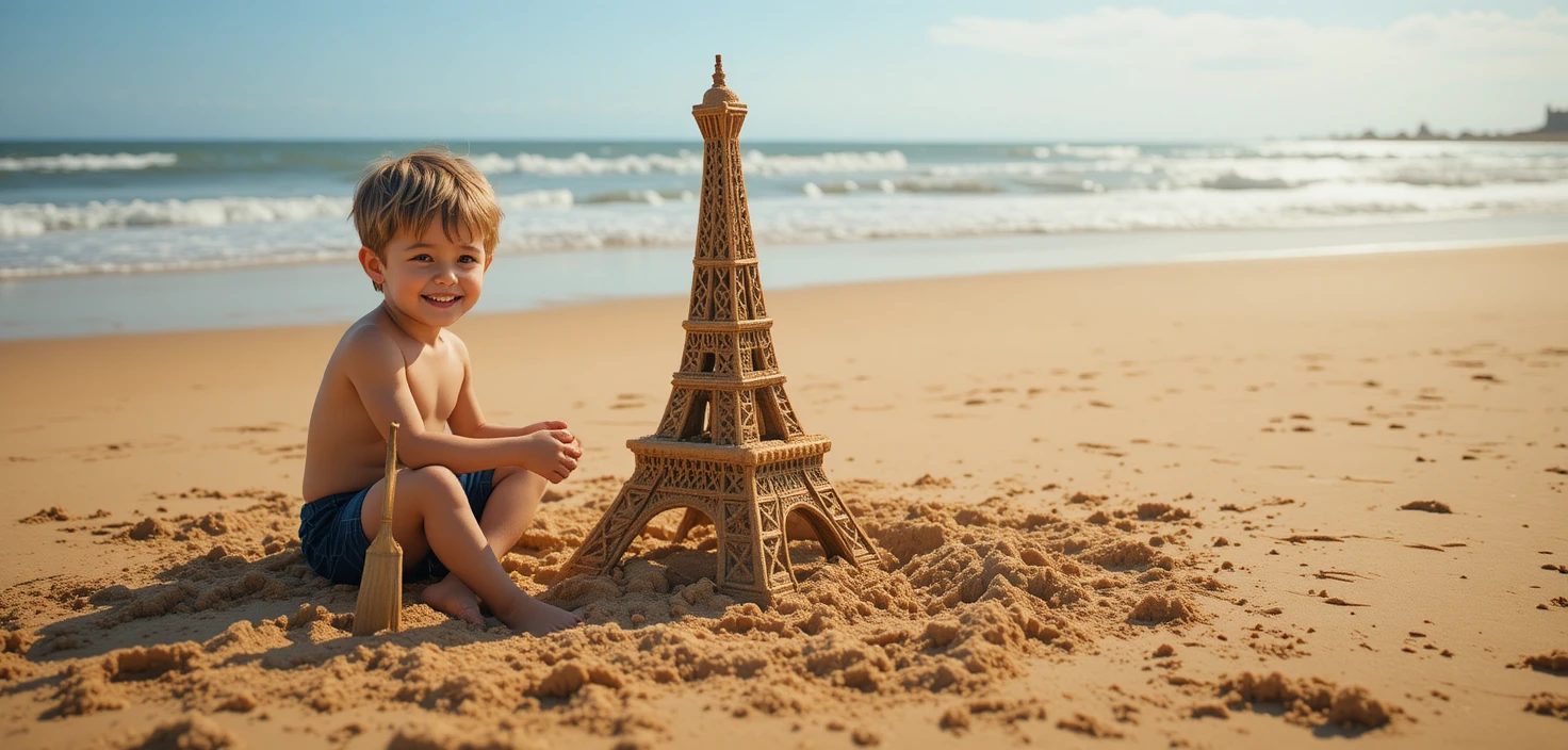 Young boy sculpting a sand Eiffel Tower on the beach