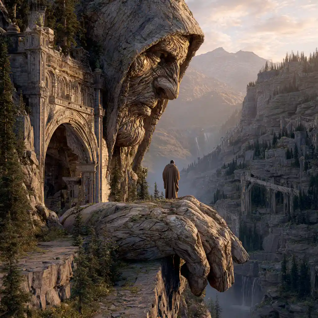 Colossal Stone Guardian Bridge In Fantasy Mountain Landscape
