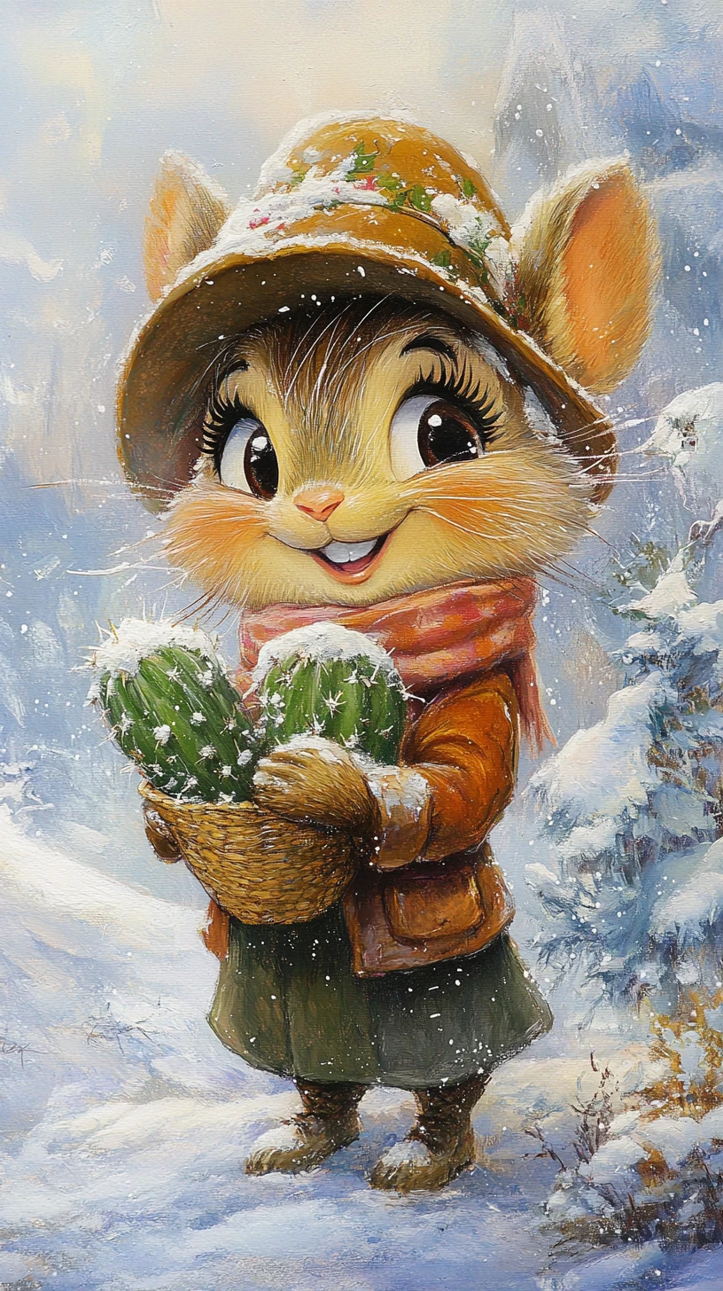 Lächelnde Maus im Winter, die einen Kaktus mit Hut hält