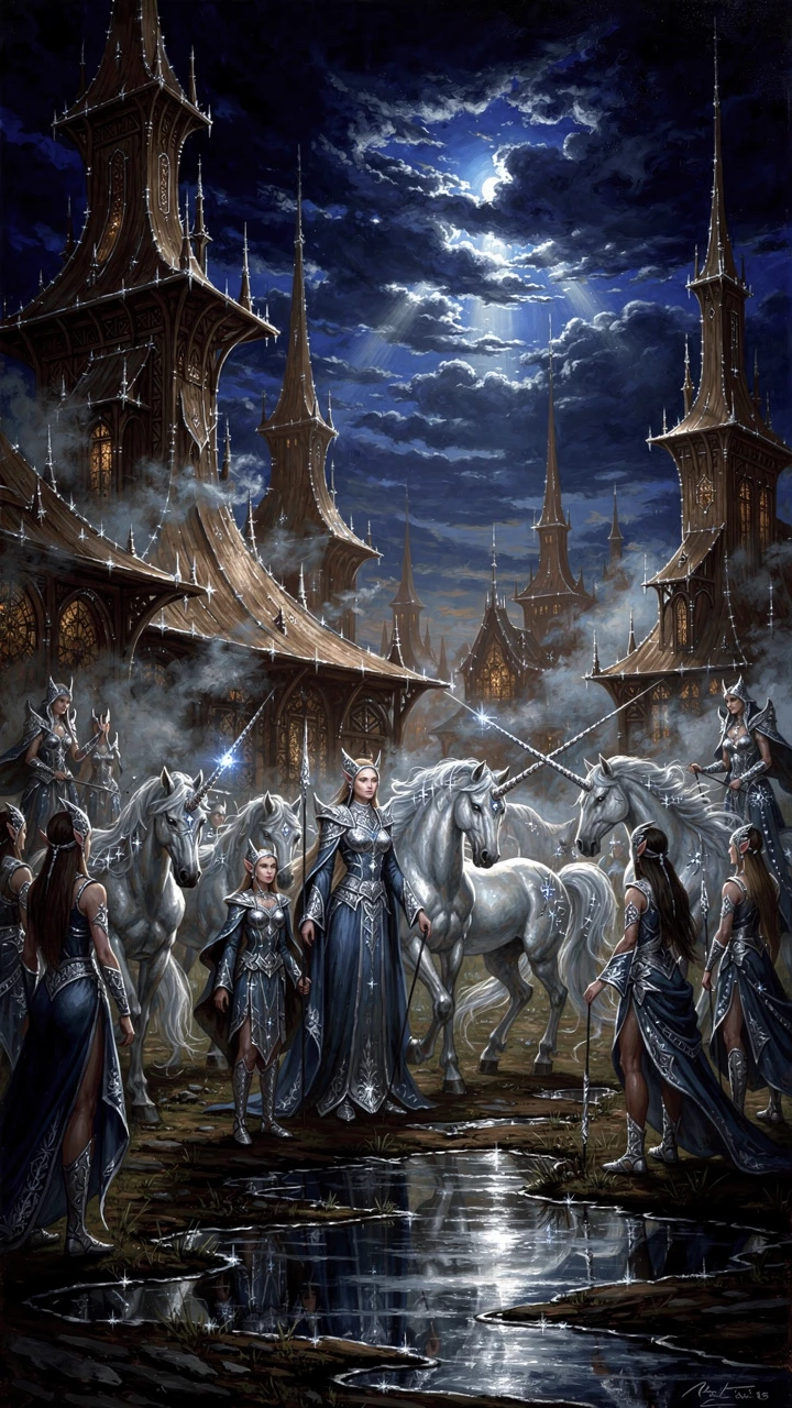 Moonlit fantasy land of elves and unicorns in cobalt tones
