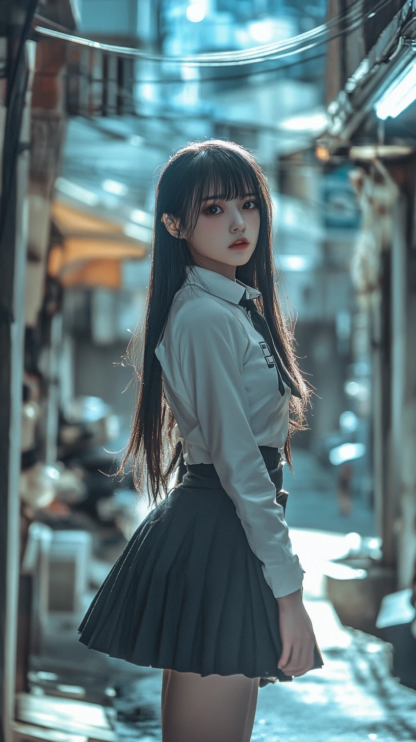 Anime schoolgirl with flowing hair in a quiet courtyard