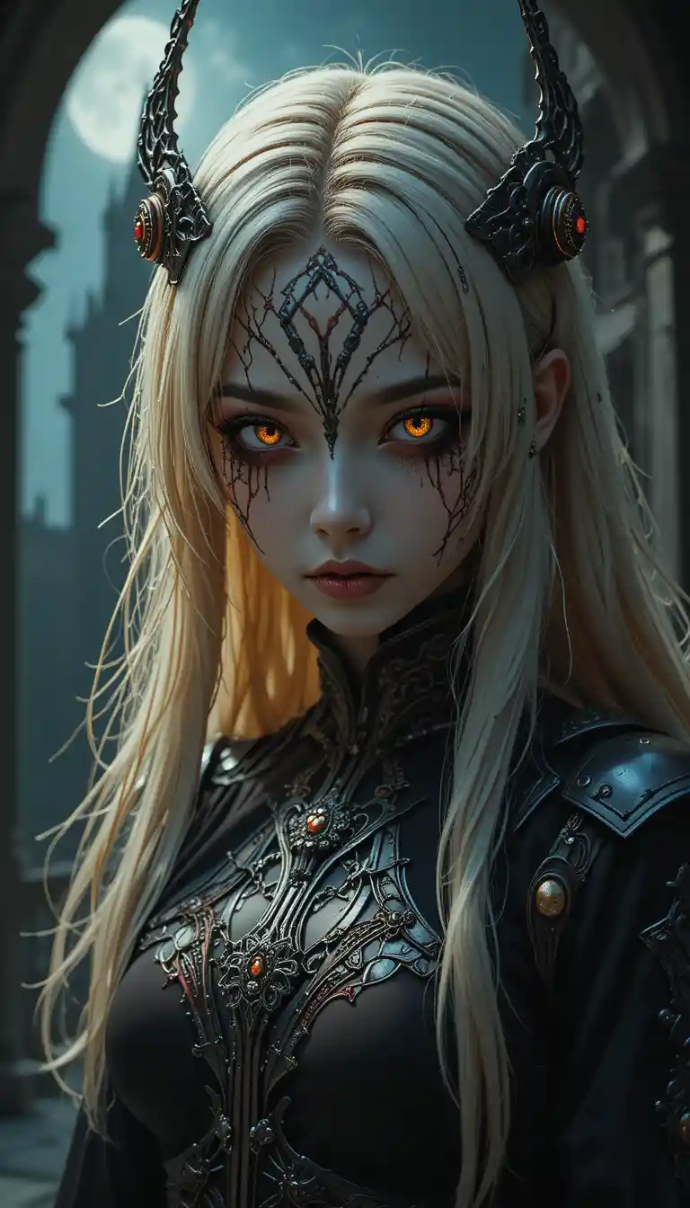 Anime priest girl in a misty moonlit gothic church