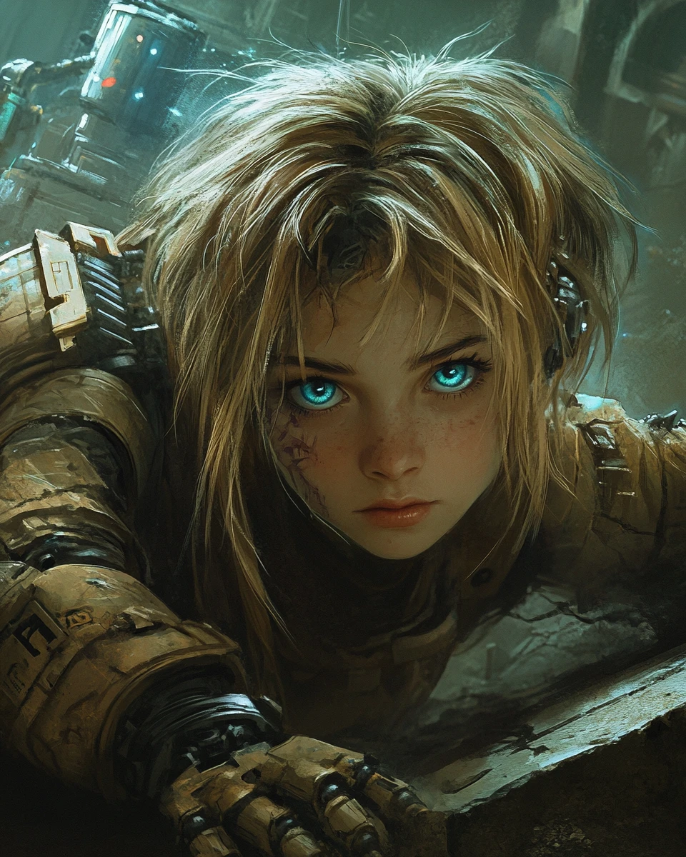Ragazza cyborg in stile anime ferita sul freddo pavimento del laboratorio