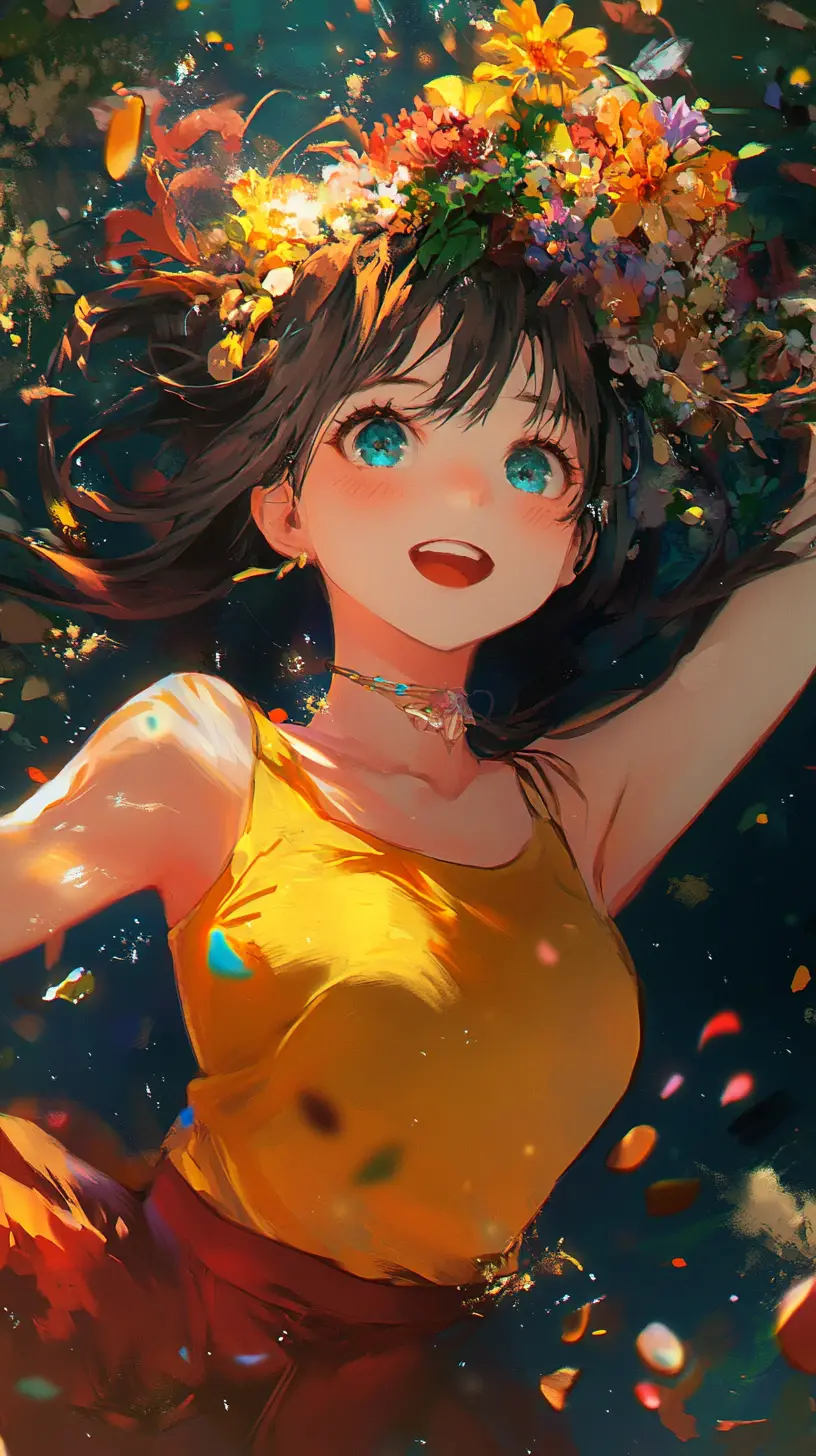 Anime girl balancing colorful flowers on her head