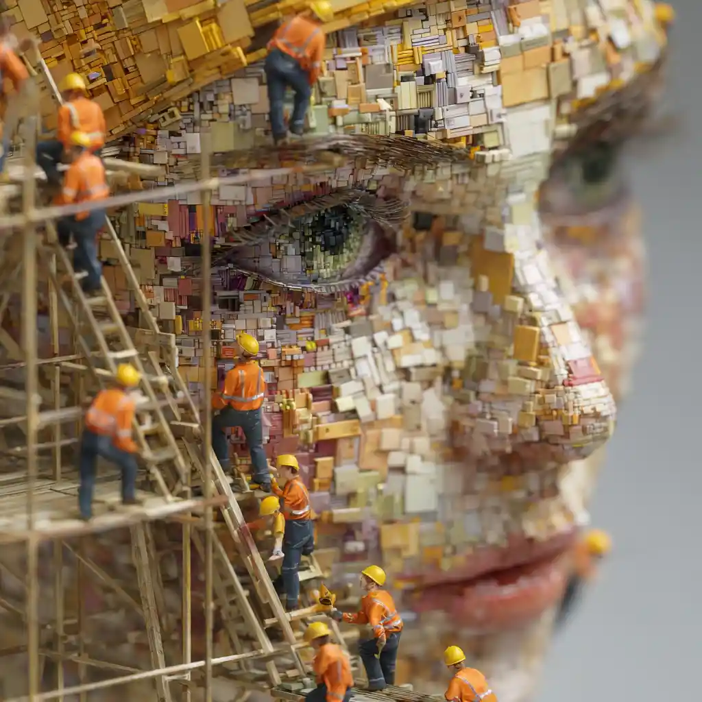 Colorful pixelated woman face built by tiny workers