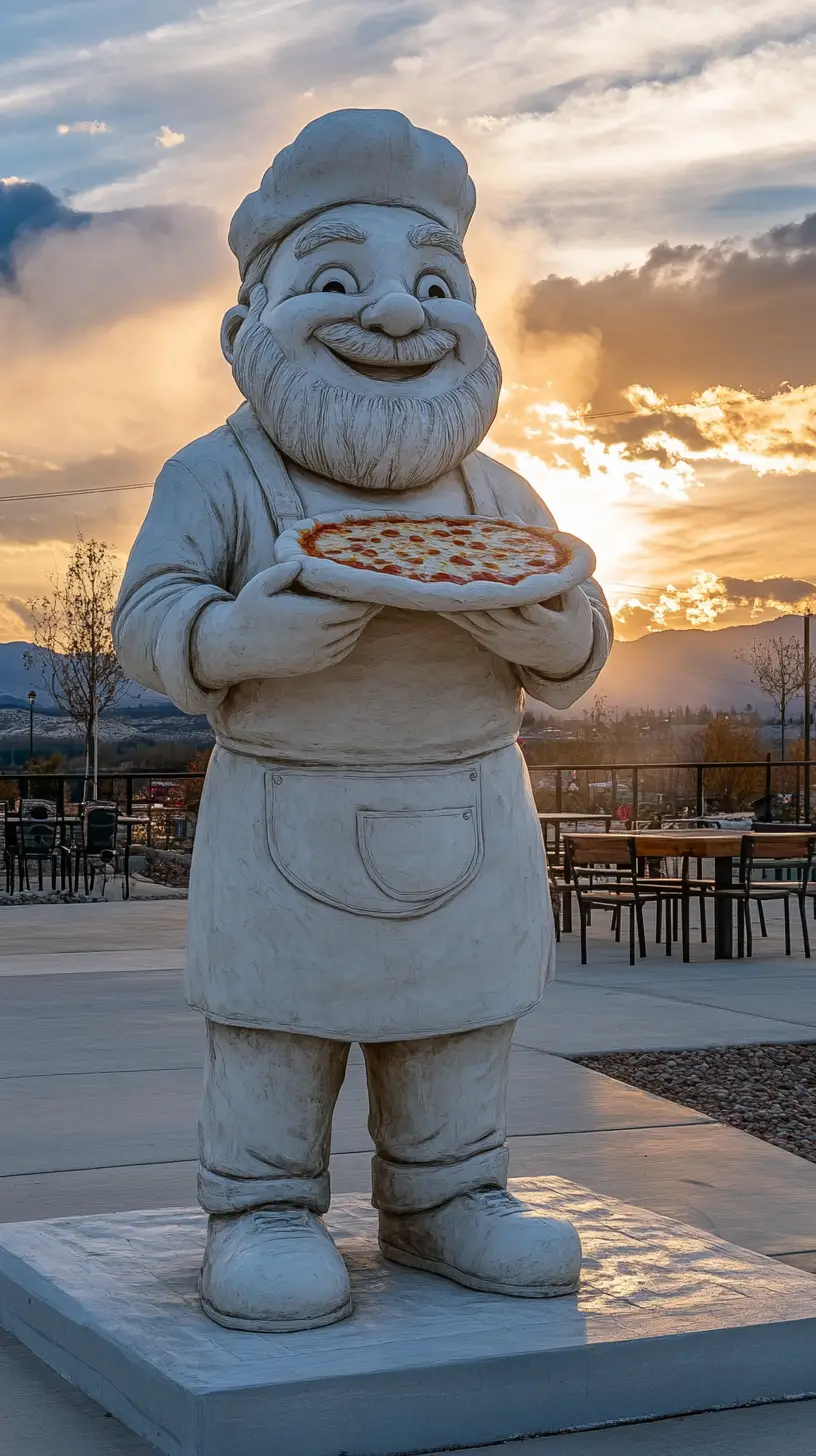 Concrete pizza baker statue outside a busy pizzeria