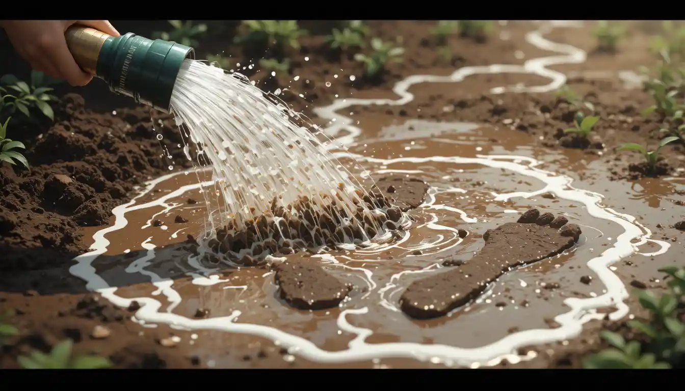 Anime garden hose close up washing away muddy footprints
