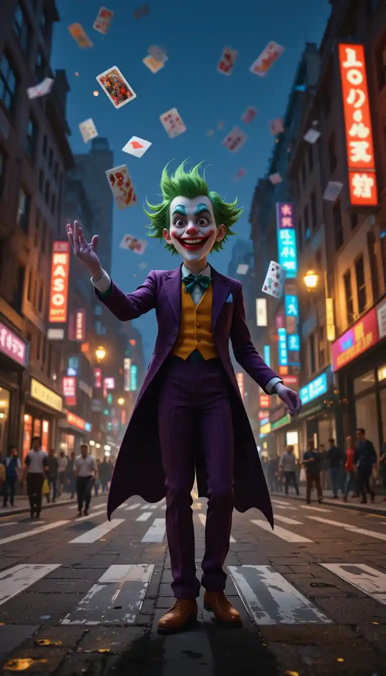 Payaso colorido lanzando naipes en una calle de la ciudad