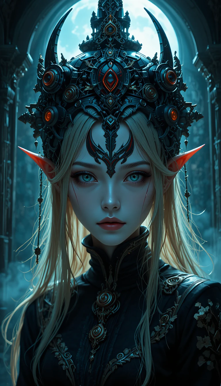 Gothic anime girl priest in a misty moonlit church