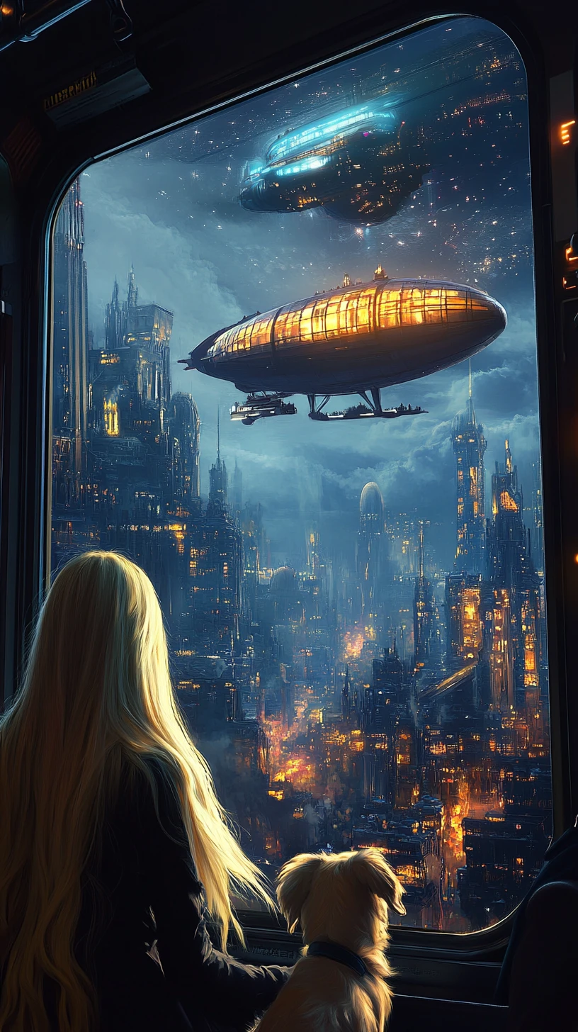 Young woman on a train watching a glowing sci fi city
