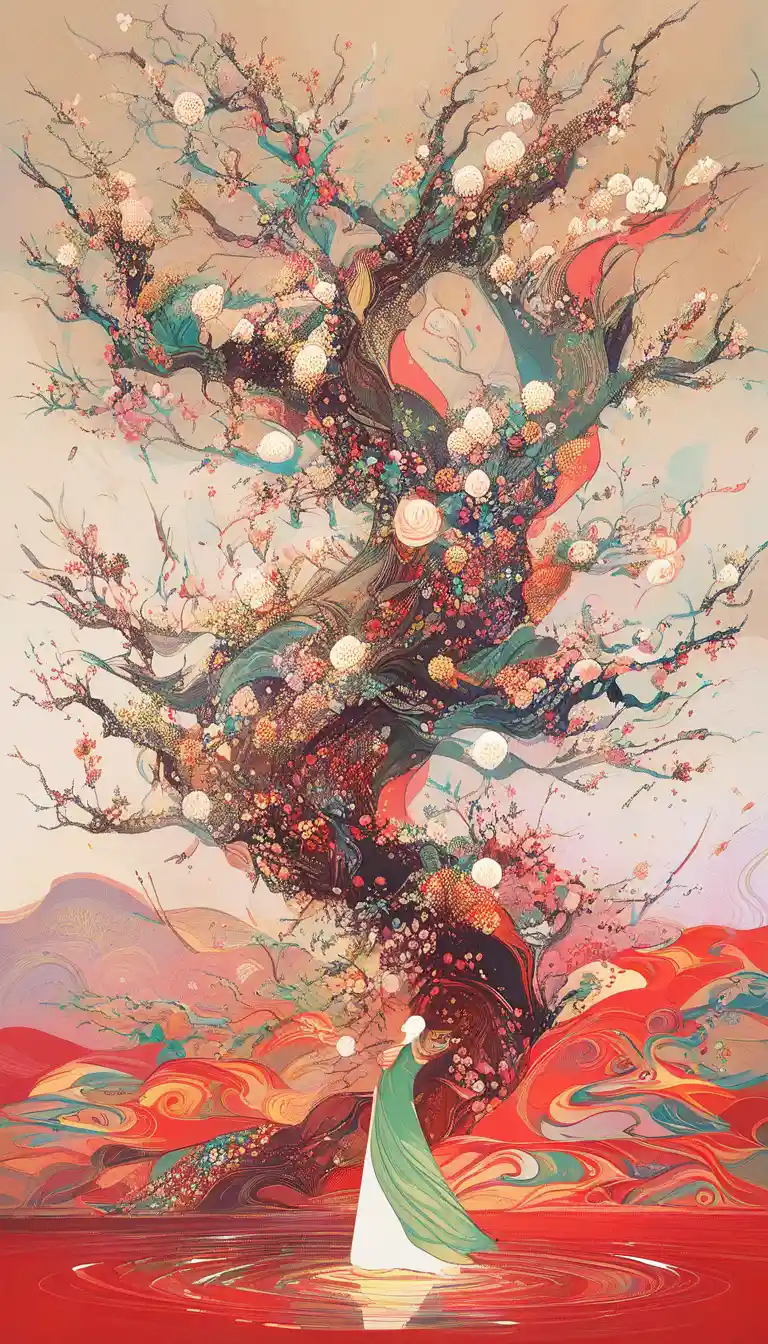 Woman by a misty lake with drifting cherry blossoms