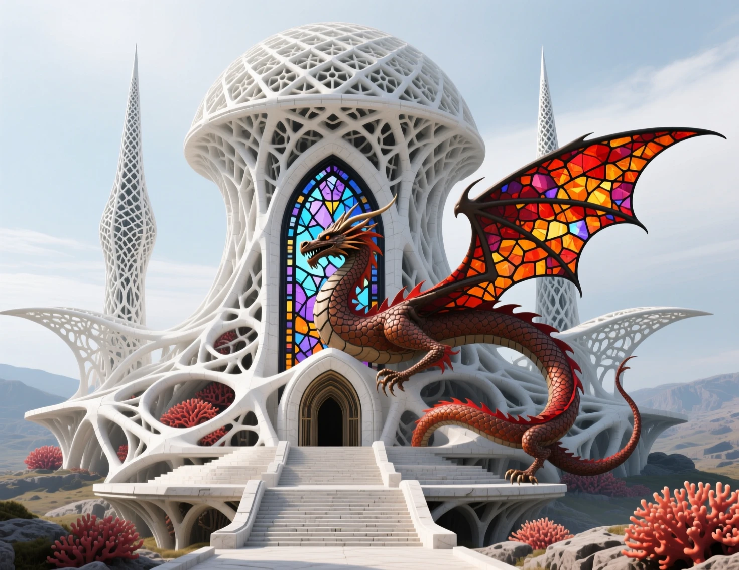 Megastruttura organica futuristica con imponente cupola a traliccio