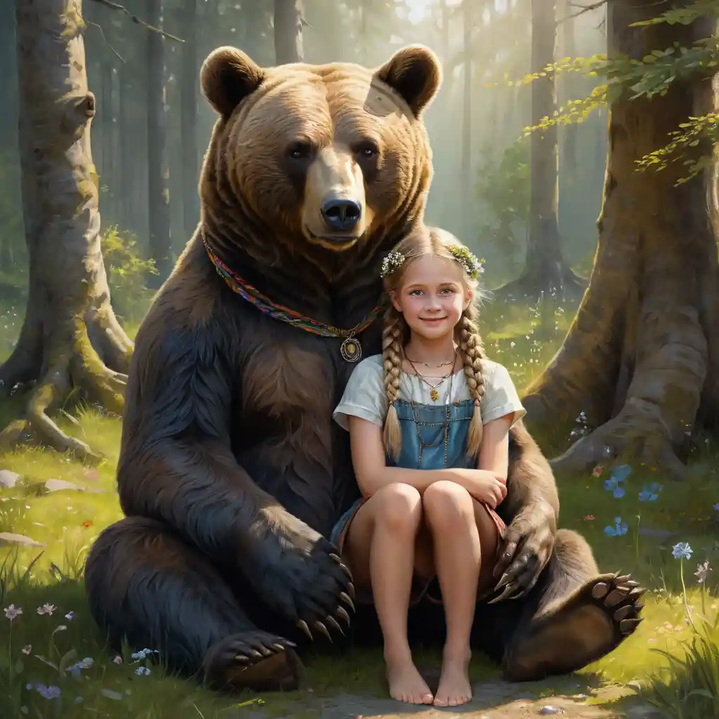 Orso iperrealistico con due ragazze nella luce dorata del bosco