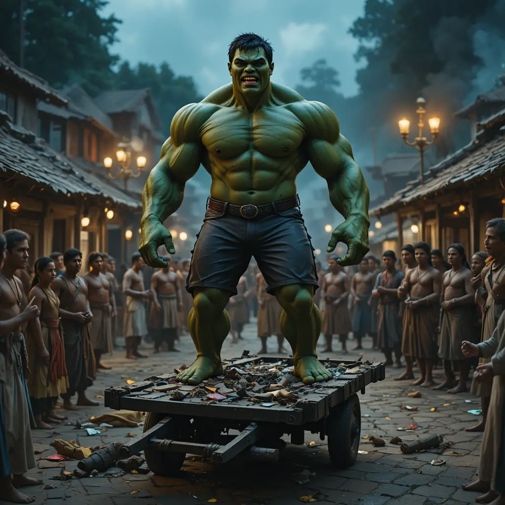 Man rallying frightened villagers in a torchlit square