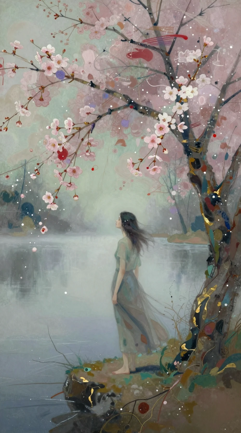 Woman by a misty lake with falling blossoms