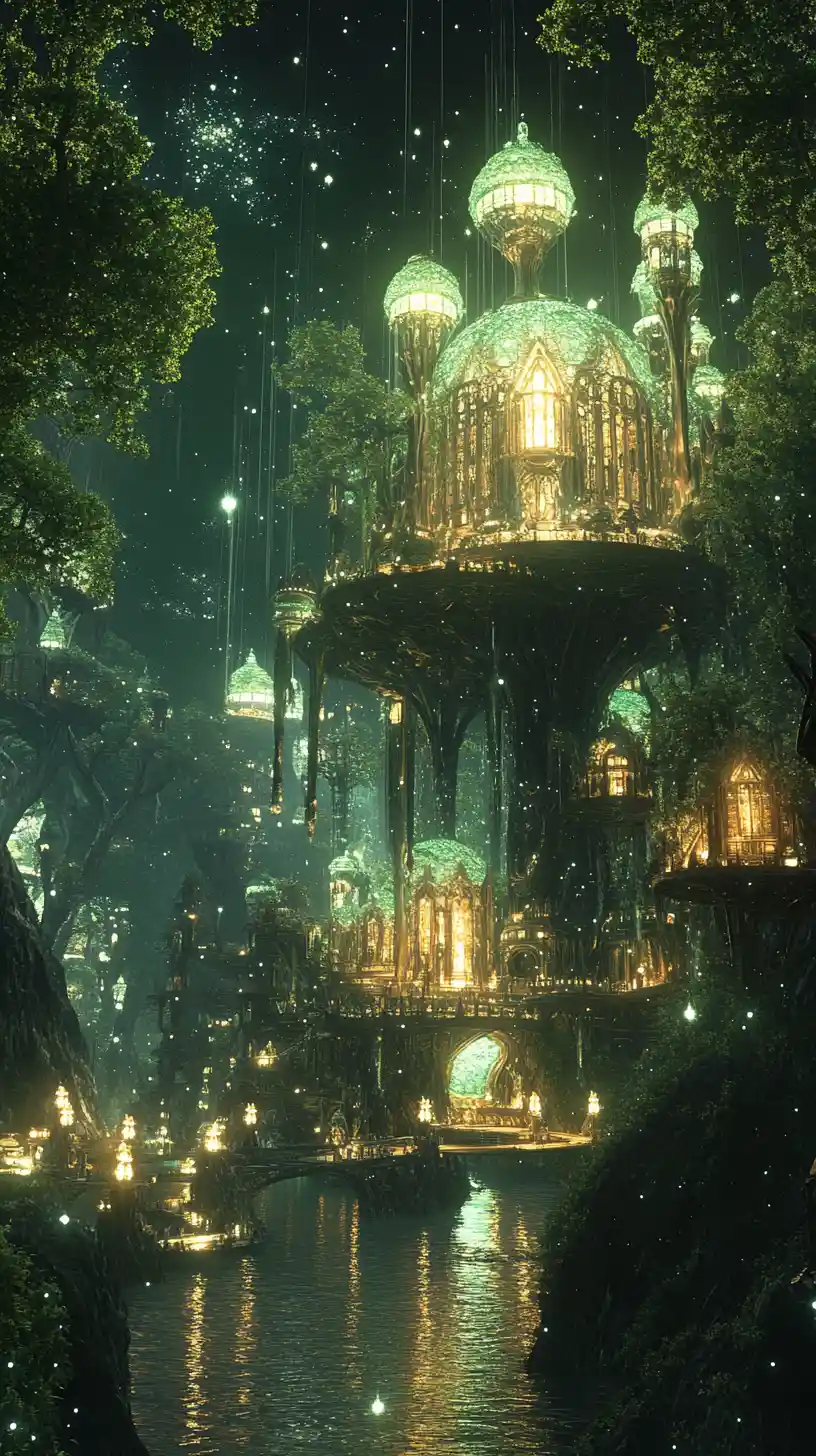 Serene emerald gardens with a siren and floating citadel