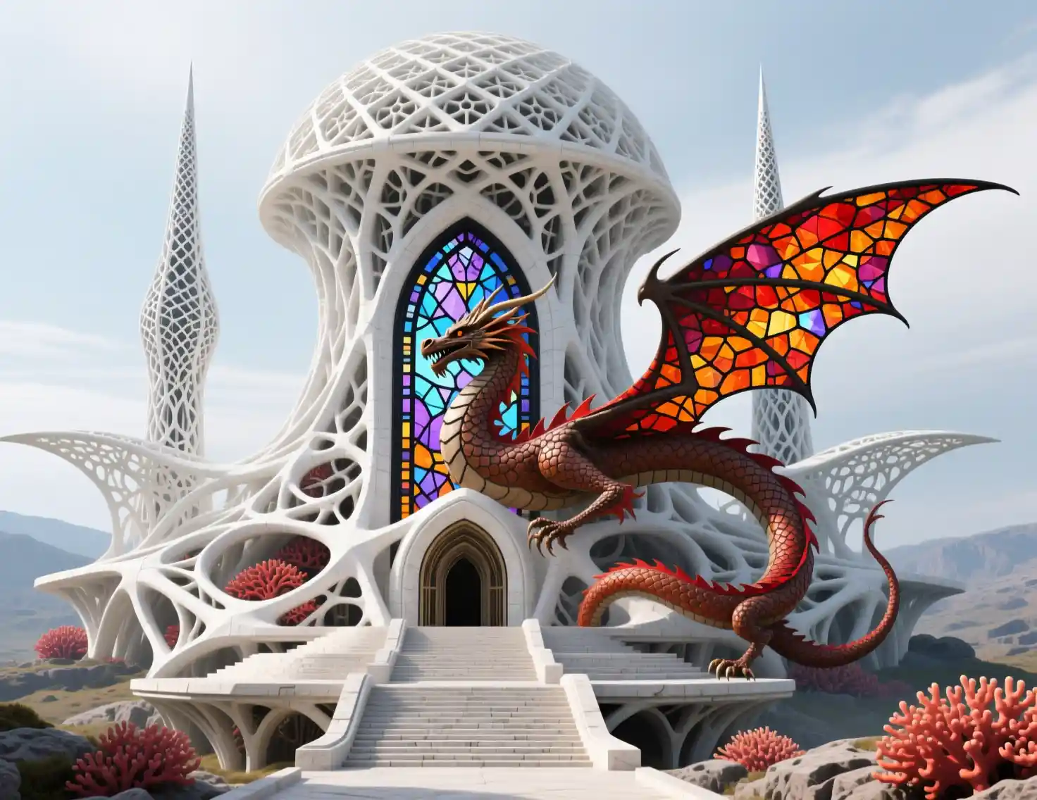 Megastruttura organica futuristica con imponente cupola a traliccio