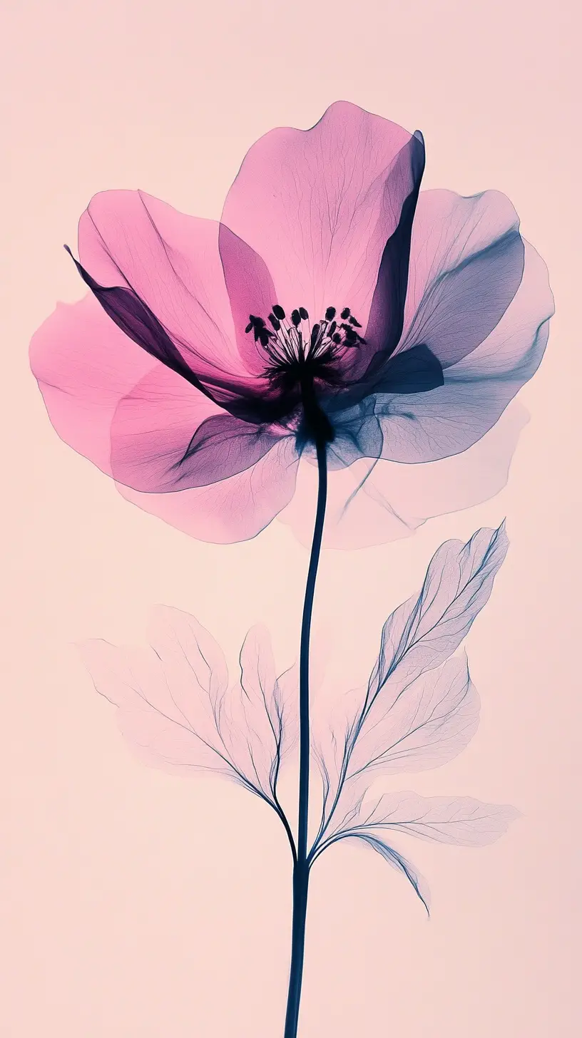 Surreal black ink flower in soft pastel dreamscape