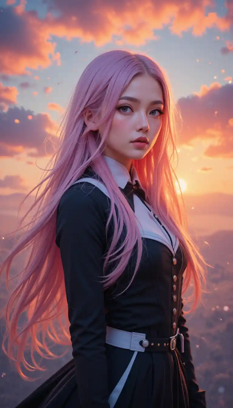 Anime-Mädchen mit rosa Haaren unter einem leuchtenden Sonnenuntergangshimmel