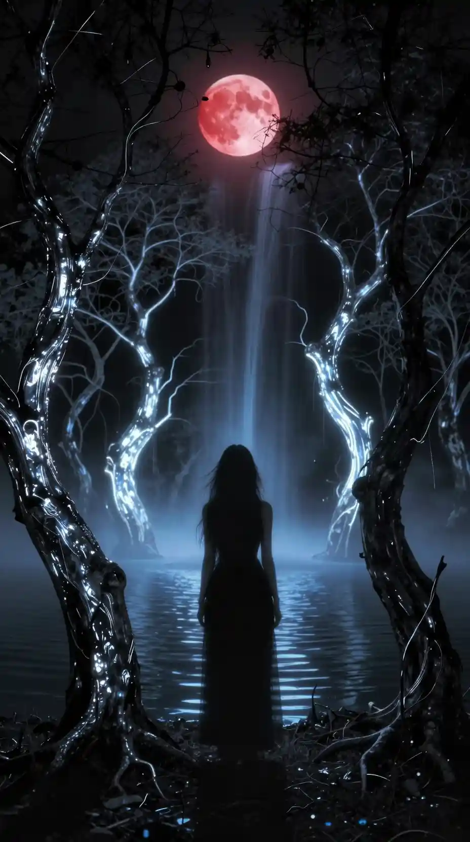 Mystische Gestalt an einem leuchtenden Waldsee bei Nacht
