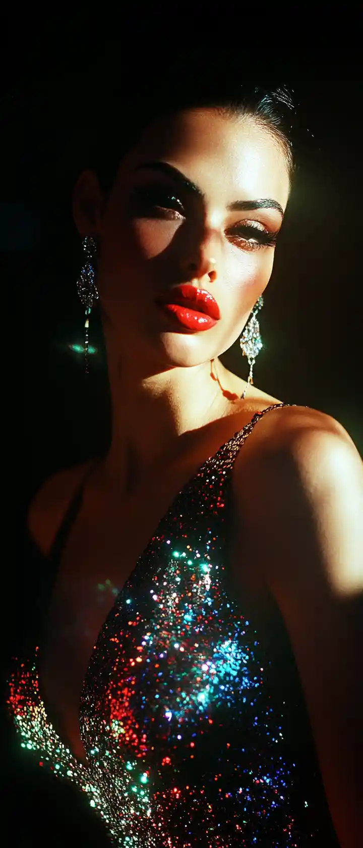 Elegant woman in sequin dress with diamond jewelry