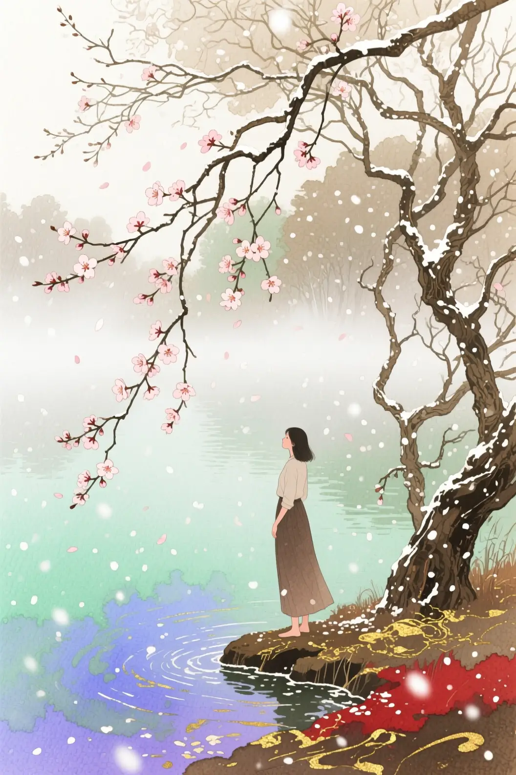 Woman by a misty lake with falling blossoms