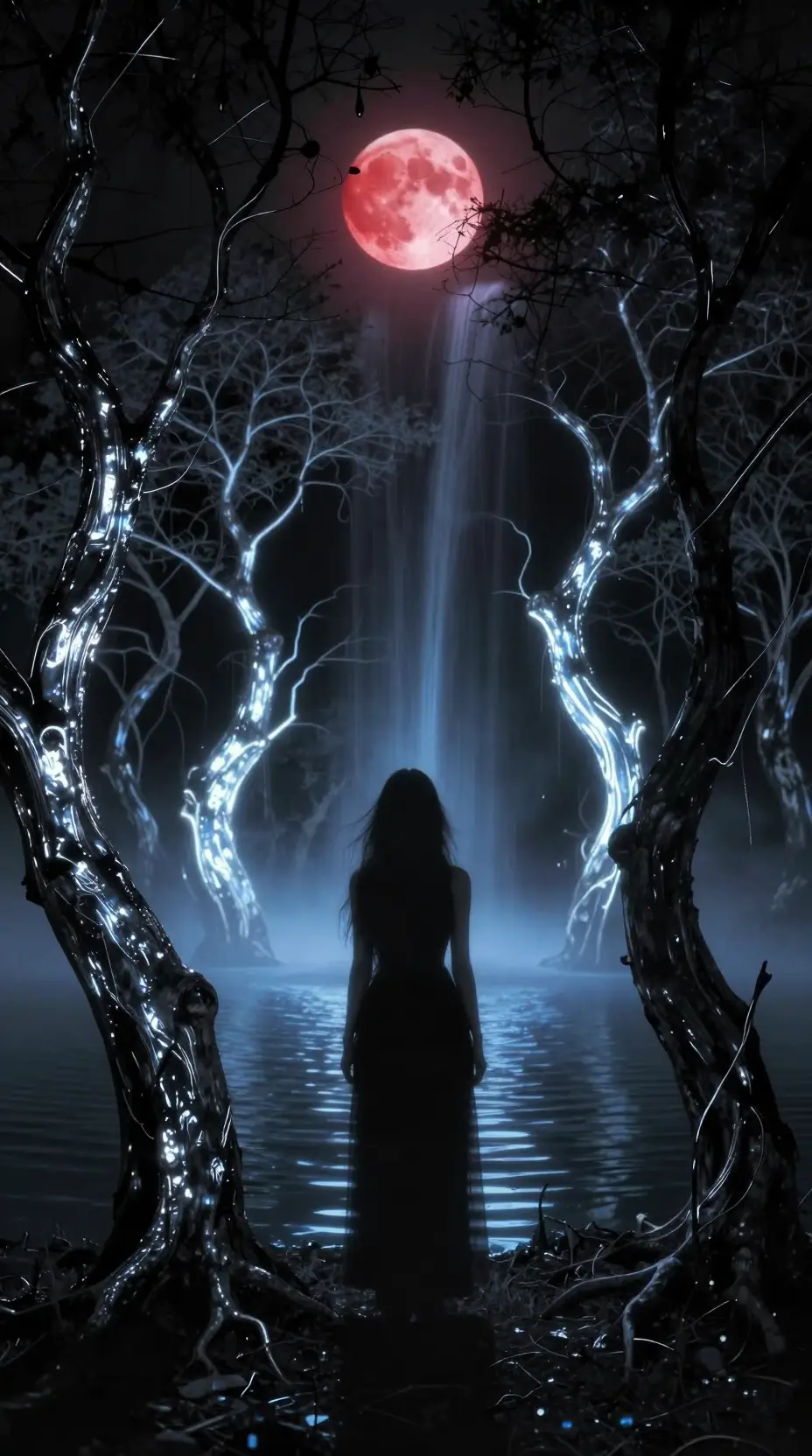Mystische Gestalt an einem leuchtenden Waldsee bei Nacht