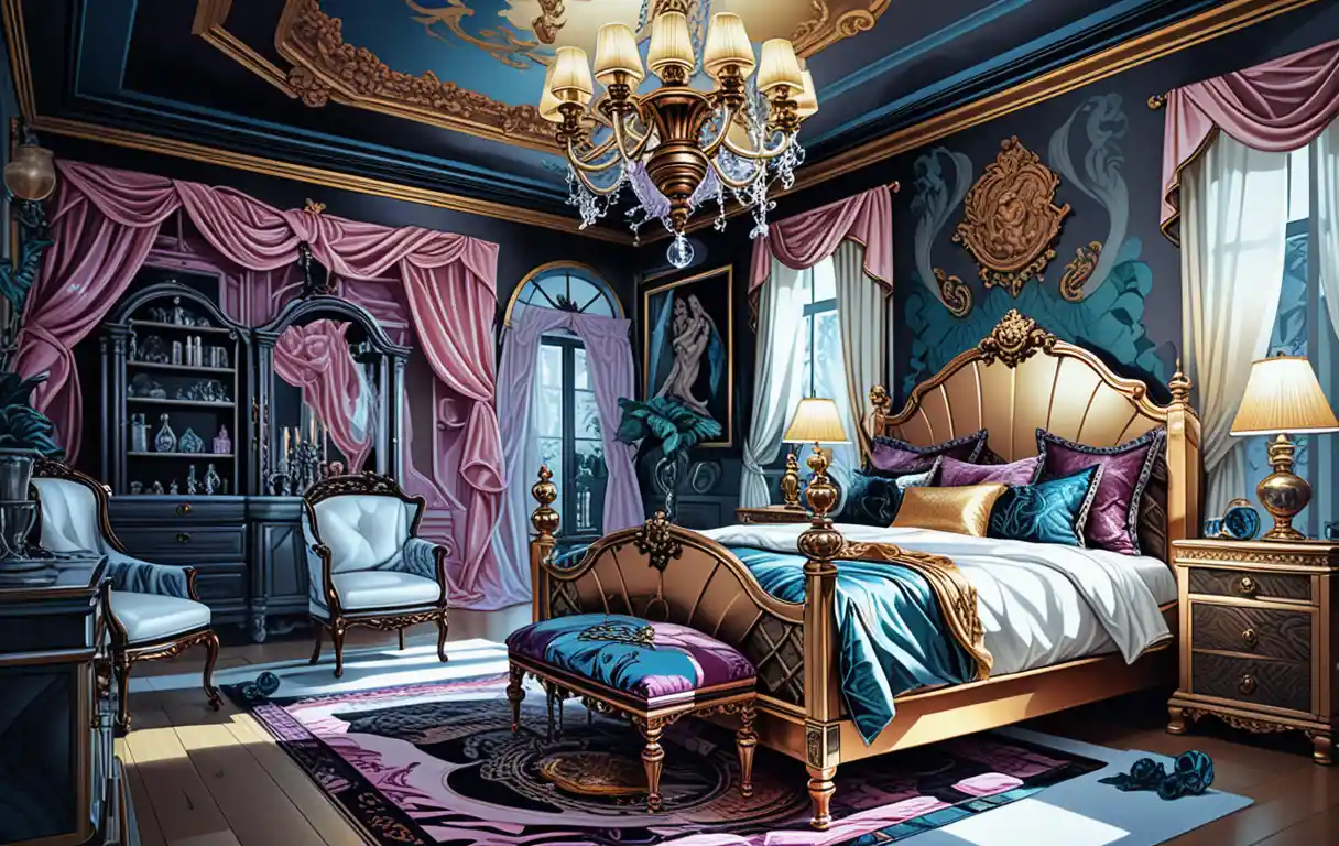 Camera da letto massimalista scura con vanity e decorazioni celestiali
