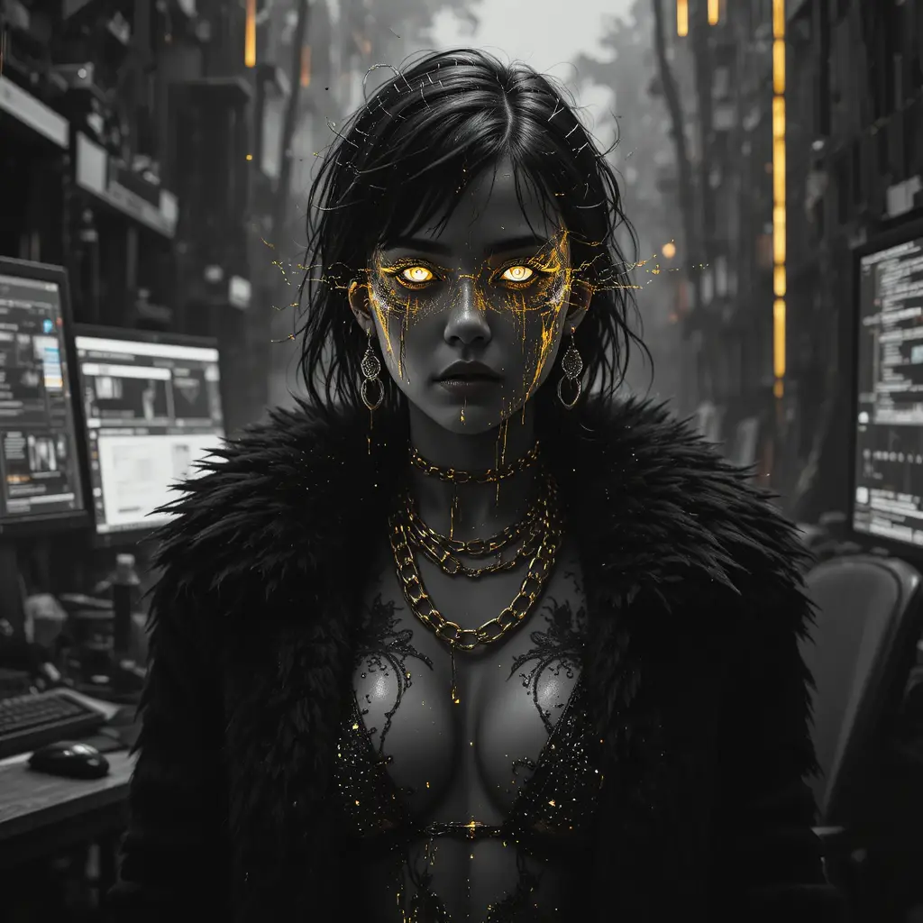 Portrait glitch noir d’une femme aux reflets d’or en fusion