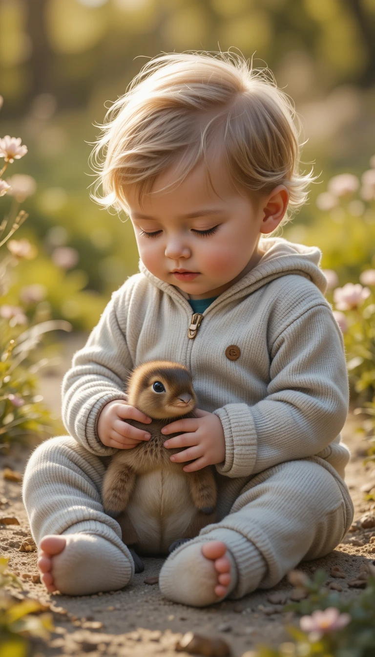 日なたの草原で小さな動物と遊ぶ赤ちゃん