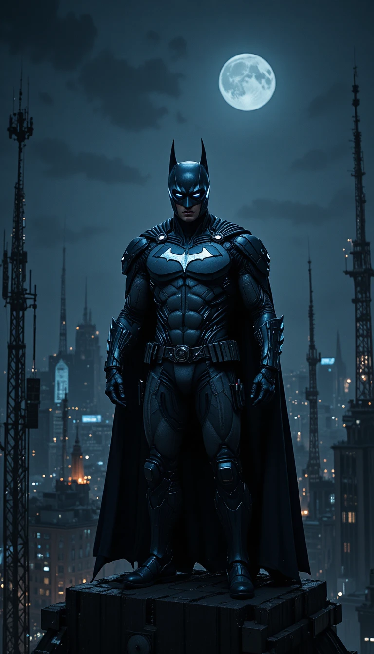 Futuristic superhero on skyscraper under moonlit night sky
