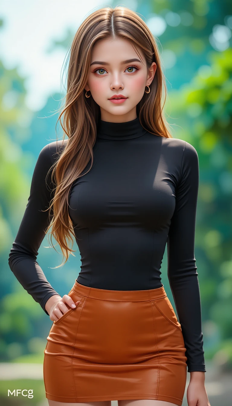 Jeune femme en blouse noire et jupe courte orange