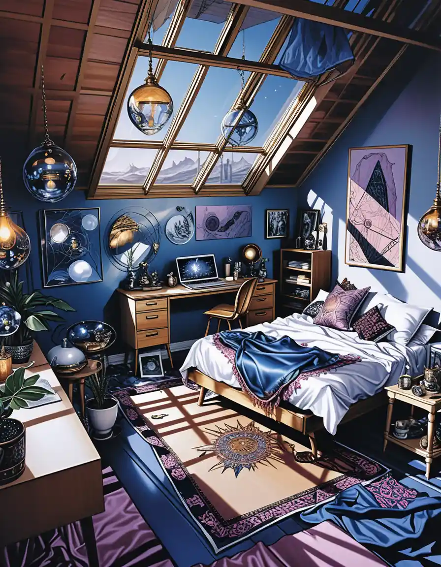 Moody loft artist studio sketched from an airy overhead view