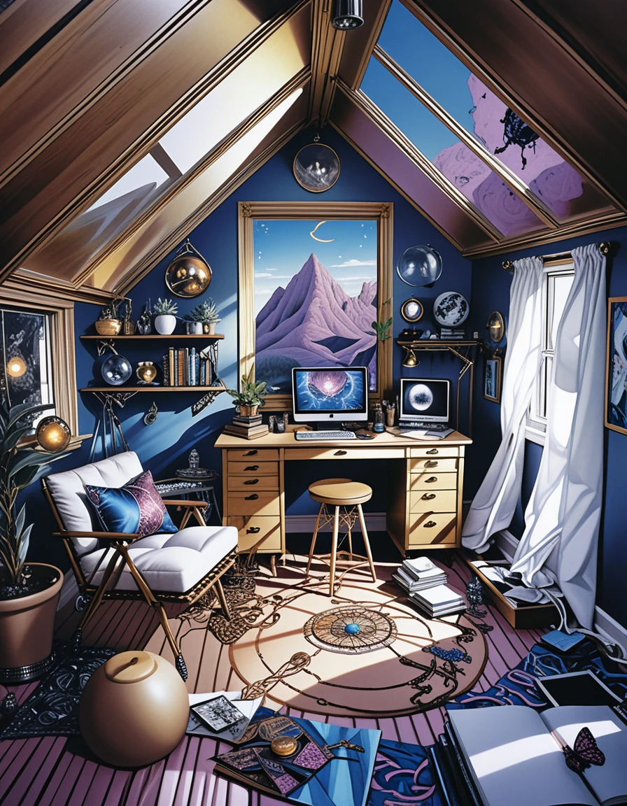Vista aérea de loft de arte ecléctico con lienzo